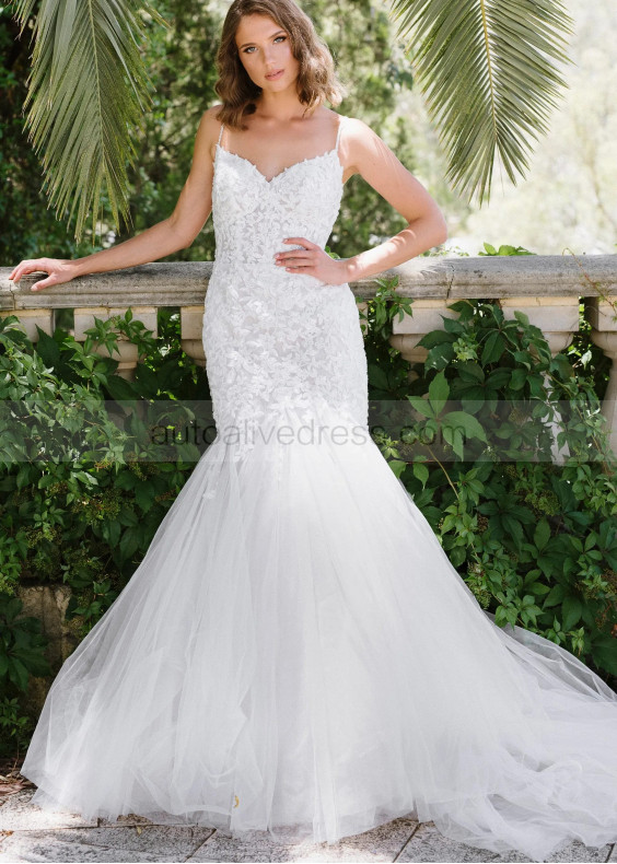 Beaded Spaghetti Straps White Lace Tulle Elegant Wedding Dress